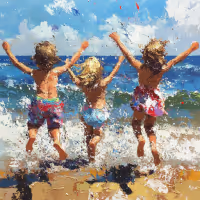 Painting of children at the beach