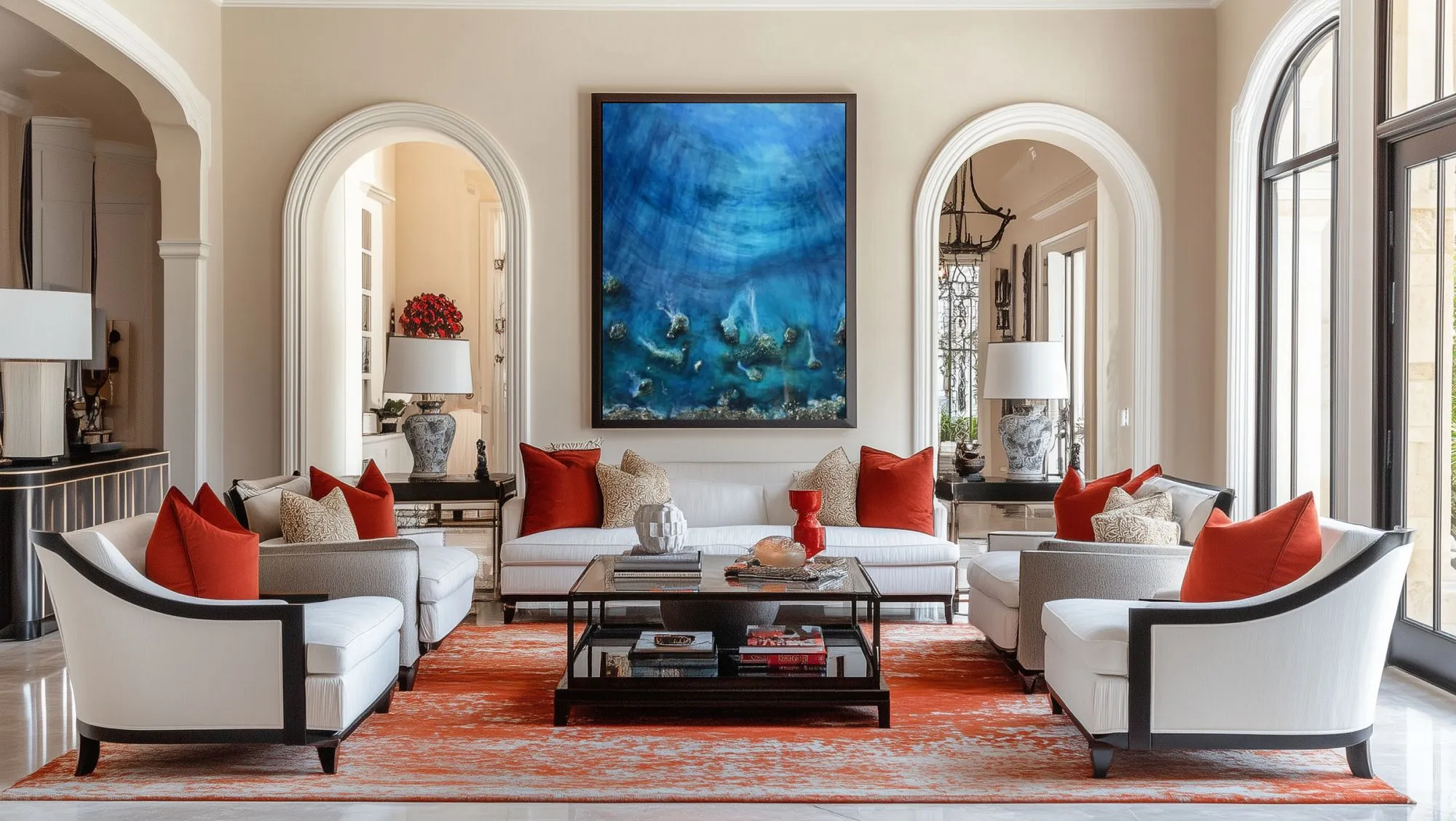 luxurious living room with a beautiful painting on the wall