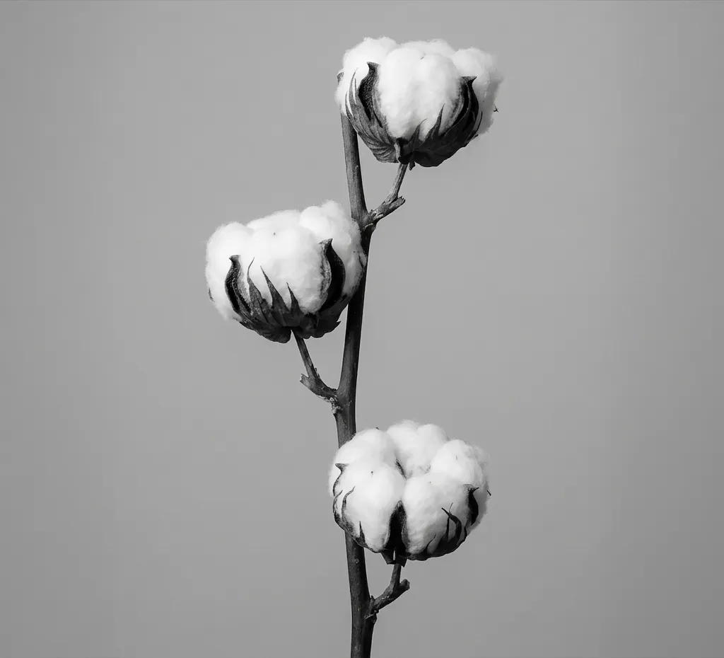 Black and white photo of a cotton stem with three open bolls