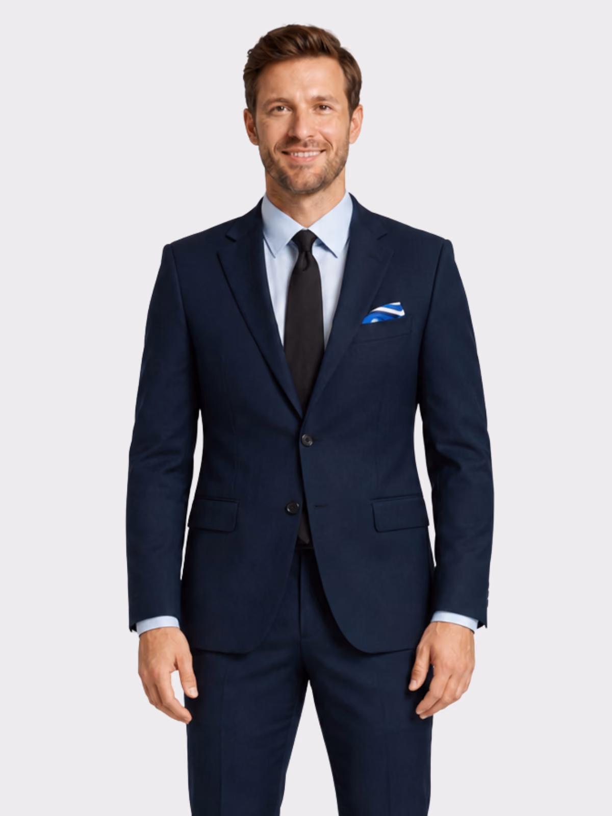 Man wearing a navy corporate suit with a light blue shirt and dark tie