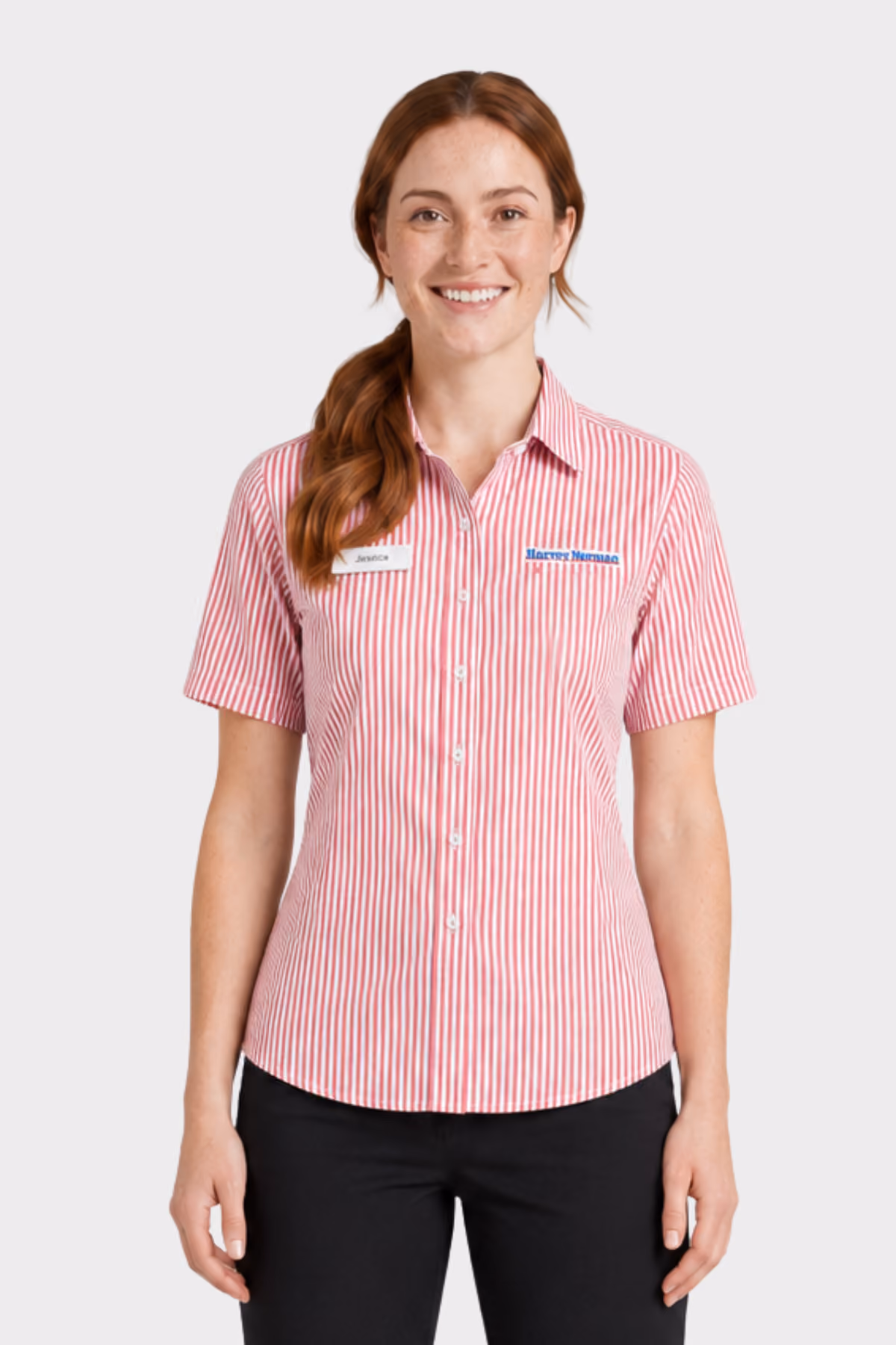 Woman wearing a red and white striped branded retail shirt with black trousers