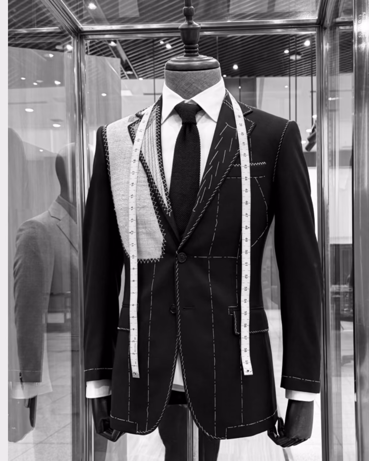 Tailored black suit jacket on a mannequin with a tape measure