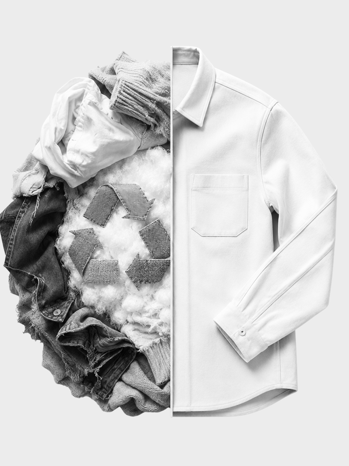 Recycled denim and cotton scraps merging into a new white shirt