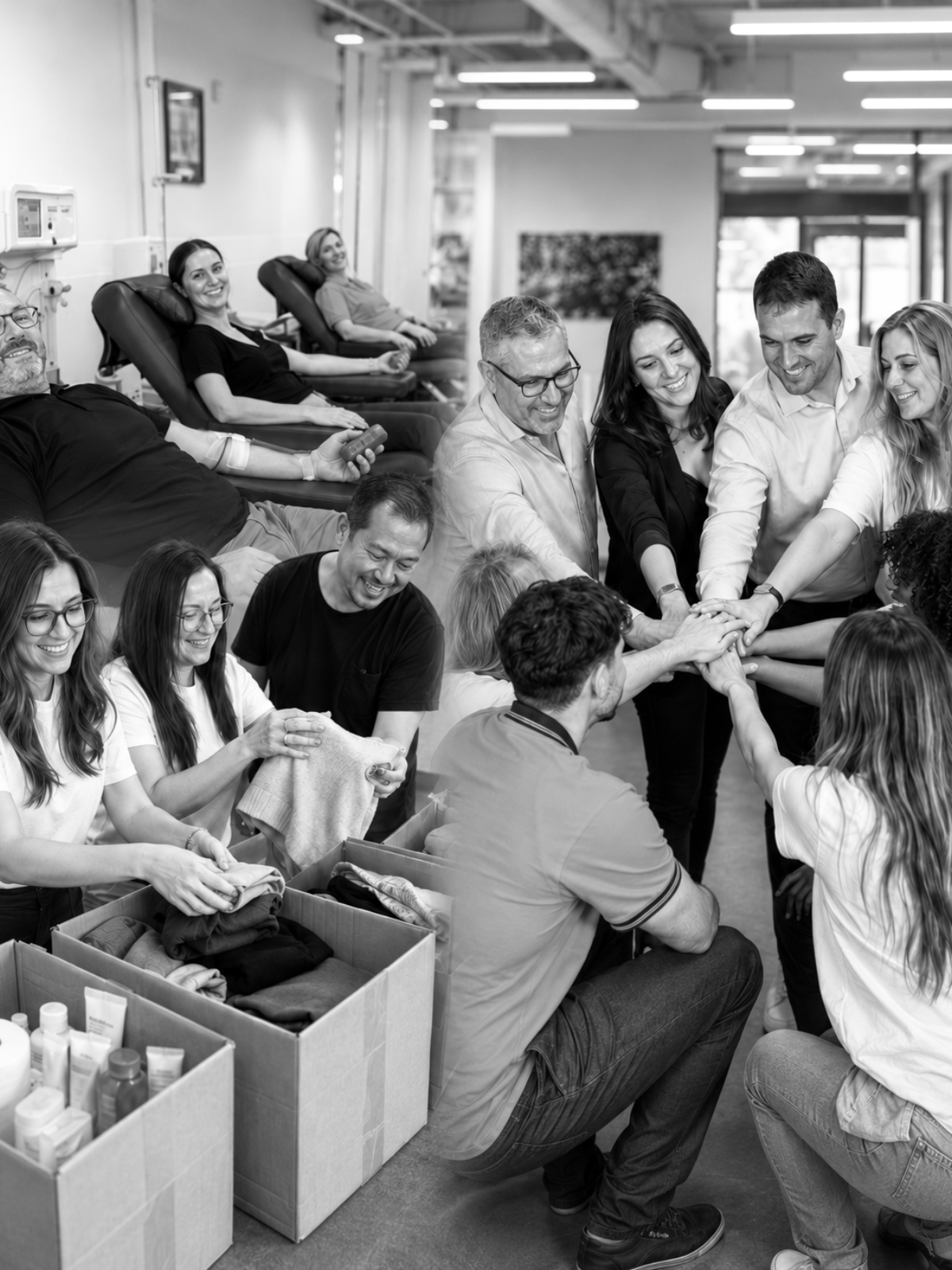 Total Image staff donating blood, packing clothing donations and joining hands