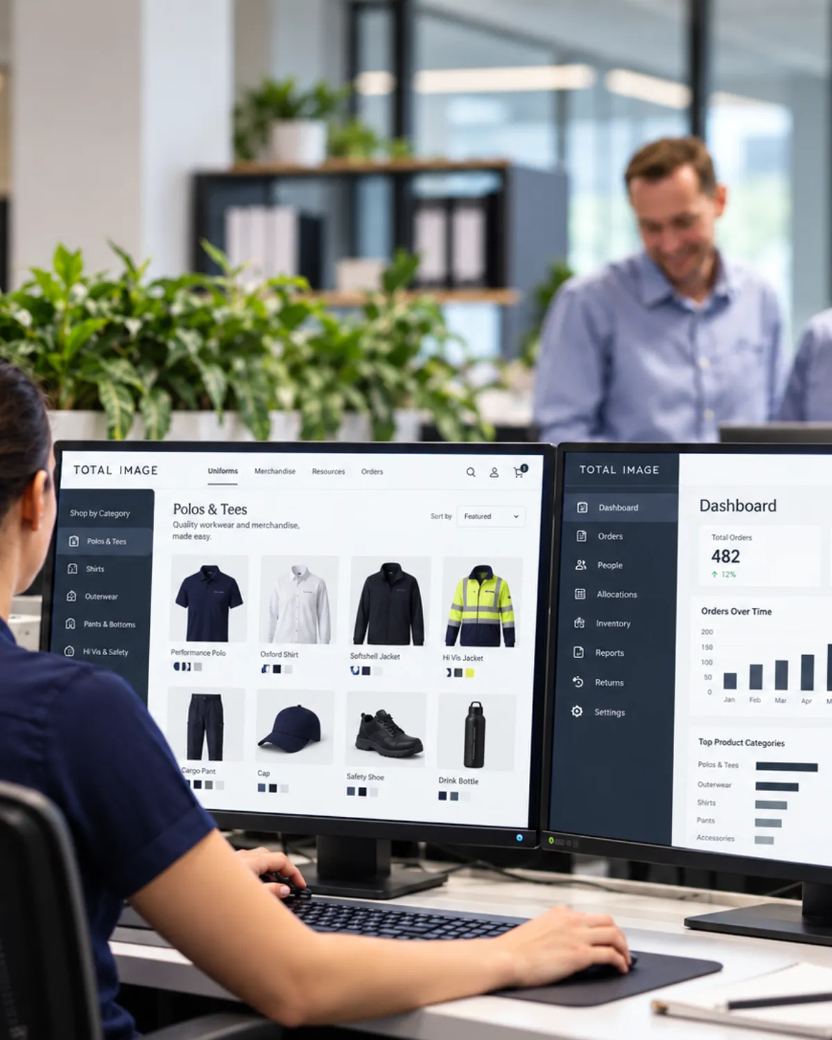 Staff member using the Total Image uniform ordering portal and dashboard on two monitors