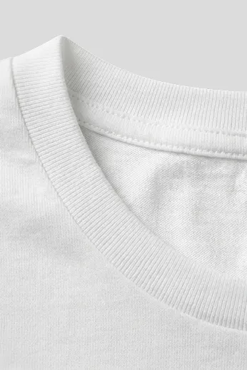 Close-up of a white T-shirt's ribbed crew neckline