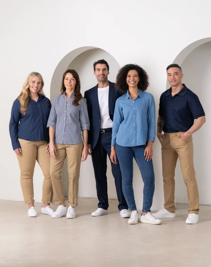 Five people in navy, chambray and tan workwear standing in front of white arches