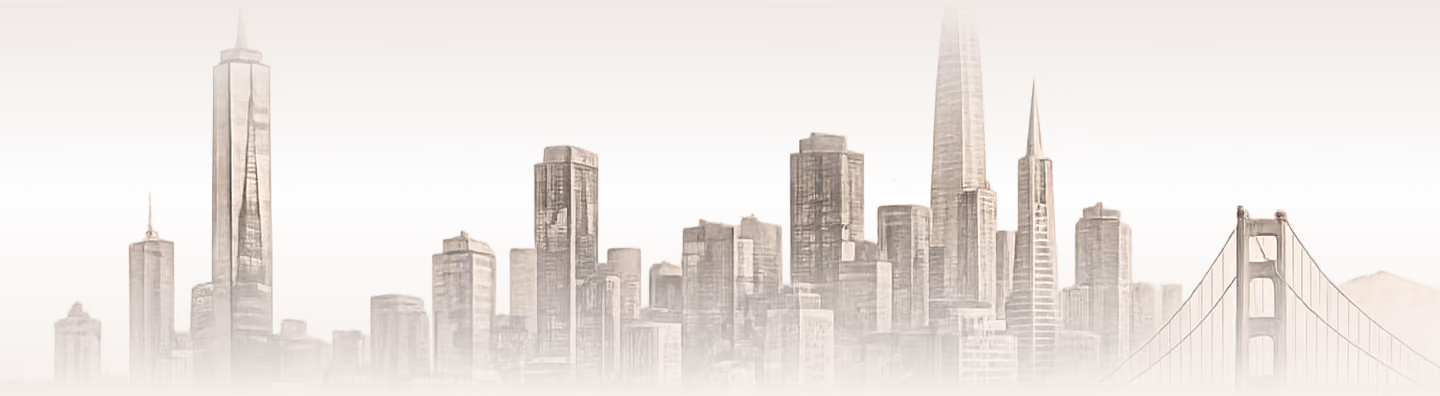 A sepia-toned skyline of a city featuring multiple skyscrapers and a bridge with suspension cables, resembling San Francisco with the Golden Gate Bridge partially visible.