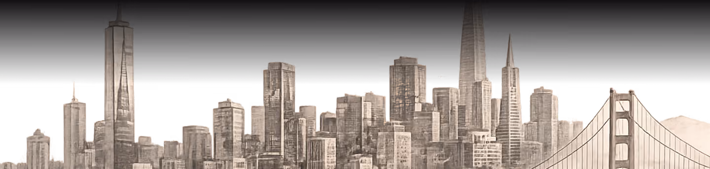 Monochrome city skyline with numerous tall buildings and a suspension bridge on the right, set against a dark background.