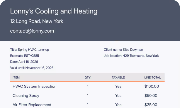HVAC service estimate from Lonny’s Cooling and Heating detailing items, quantities, and prices.
