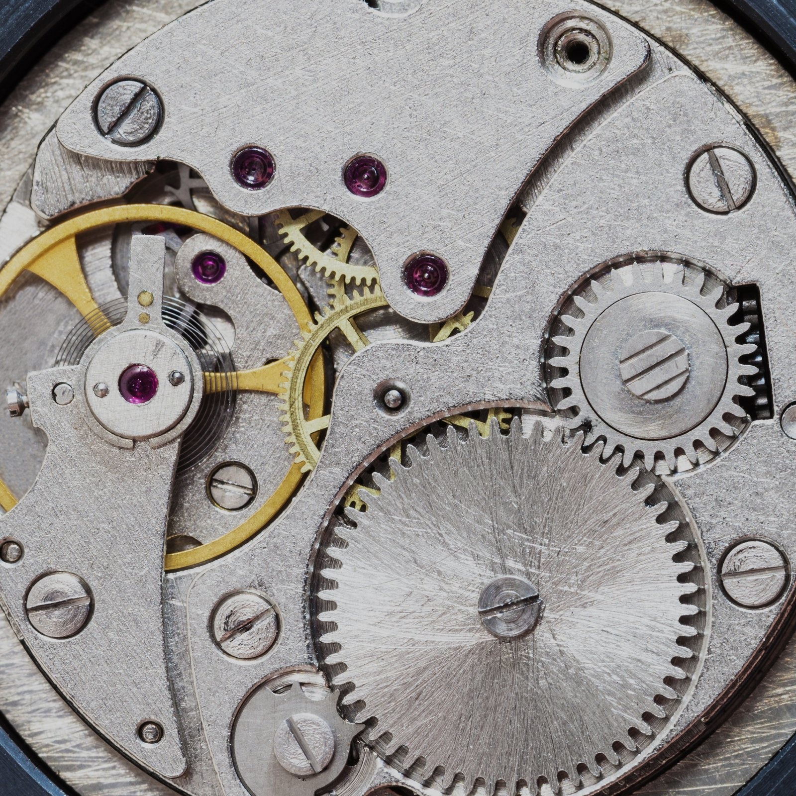 Gray clockwork of an old mechanical watch