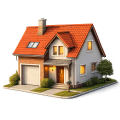 Kleines Einfamilienhaus mit rotem Dach, Garage, grüner Rasenfläche und beleuchteten Fenstern.