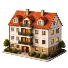 Mehrfamilienhaus mit rotem Dach, vier Etagen, Balkonen und umgeben von Bäumen.