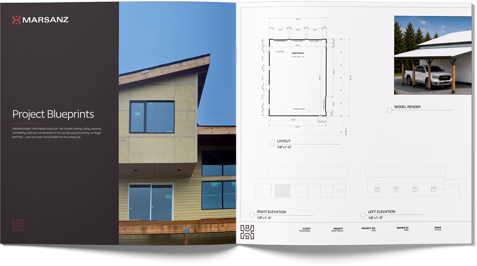 Open brochure showing modern house photo and architectural blueprints with layout and elevations.