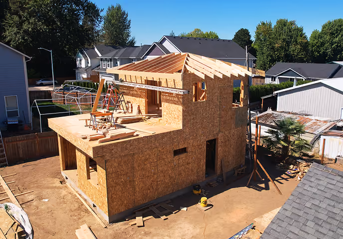 Partially built wooden house with exposed framework and tools on site under clear blue sky.