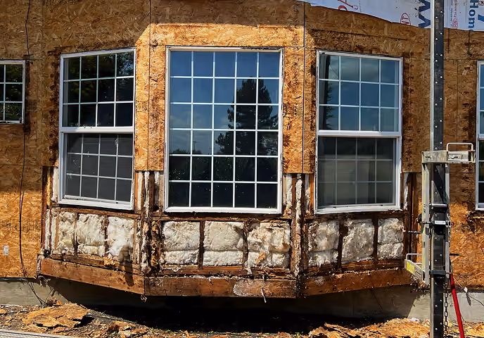 Exterior of a house under renovation showing exposed insulation and framing beneath windows.
