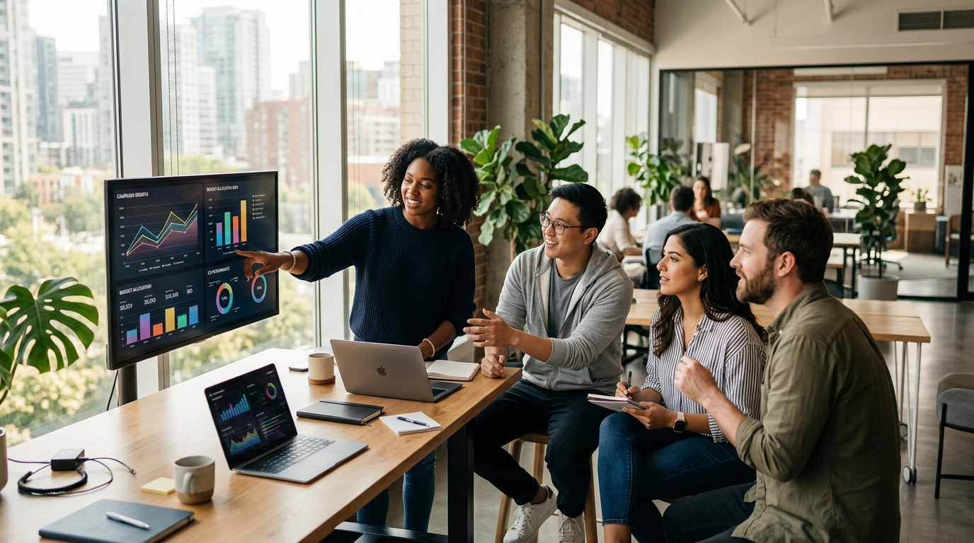Marketing-Agentur-Team analysiert Kosten und Kennzahlen gemeinsam im hellen Büro