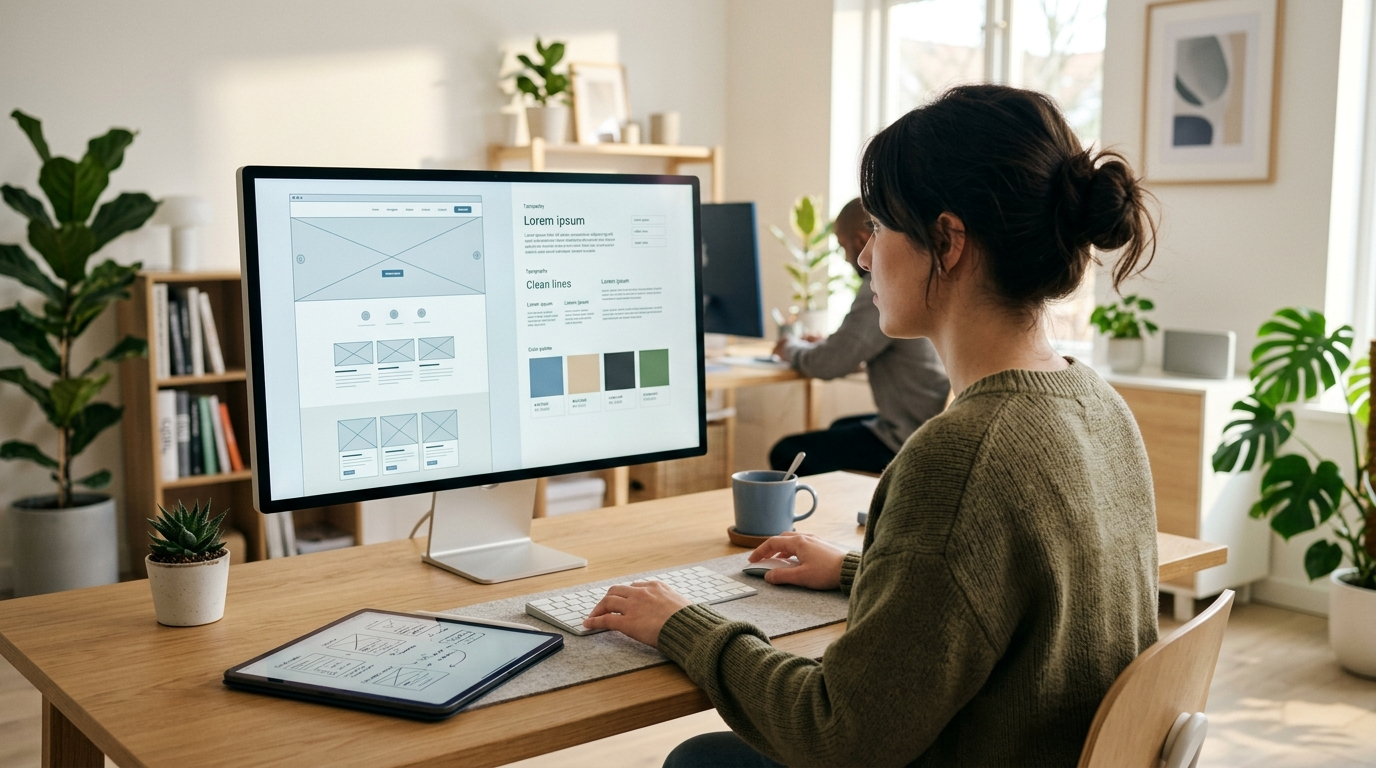 Webdesignerin gestaltet ein Website-Layout am grossen Bildschirm im Studio