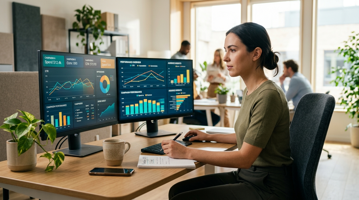 Marketer analysiert Kampagnen-Dashboards von Meta Ads und Google Ads auf zwei Bildschirmen