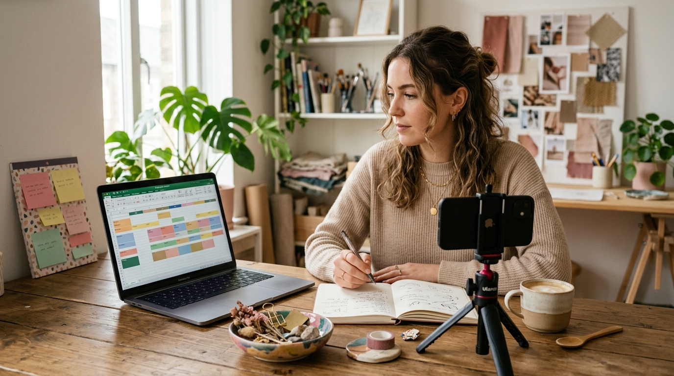 Social-Media-Managerin plant Content am Schreibtisch mit Smartphone auf Stativ und Laptop