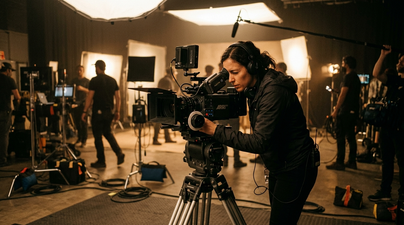 Kameramann dreht einen Imagefilm mit Kinokamera am professionellen Filmset