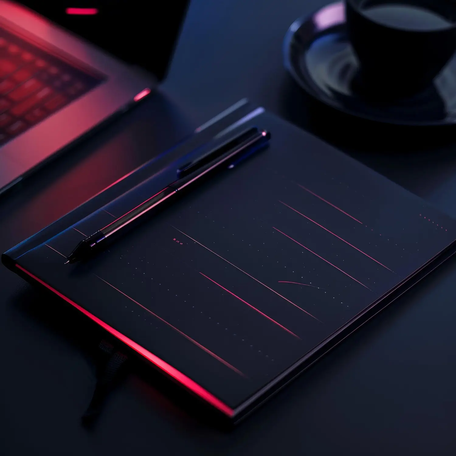 Black digital drawing tablet with stylus next to laptop and coffee cup on dark desk with red lighting.