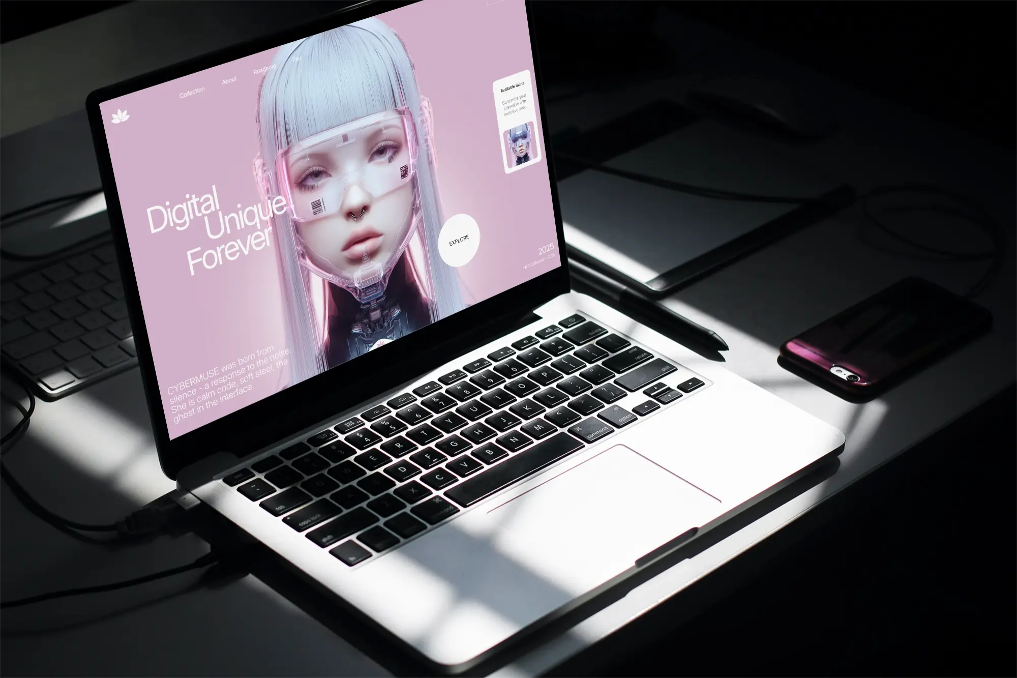 Laptop showing a digital art web page with a futuristic female cyber avatar on a pink background.