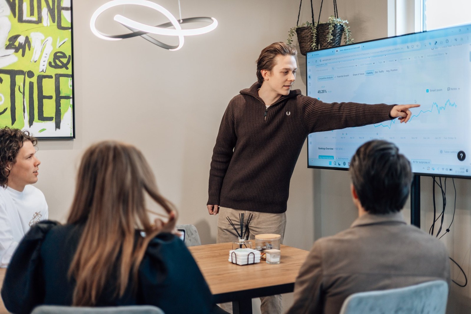 Man presenteert SEO-data op groot scherm aan drie collega's in vergaderruimte