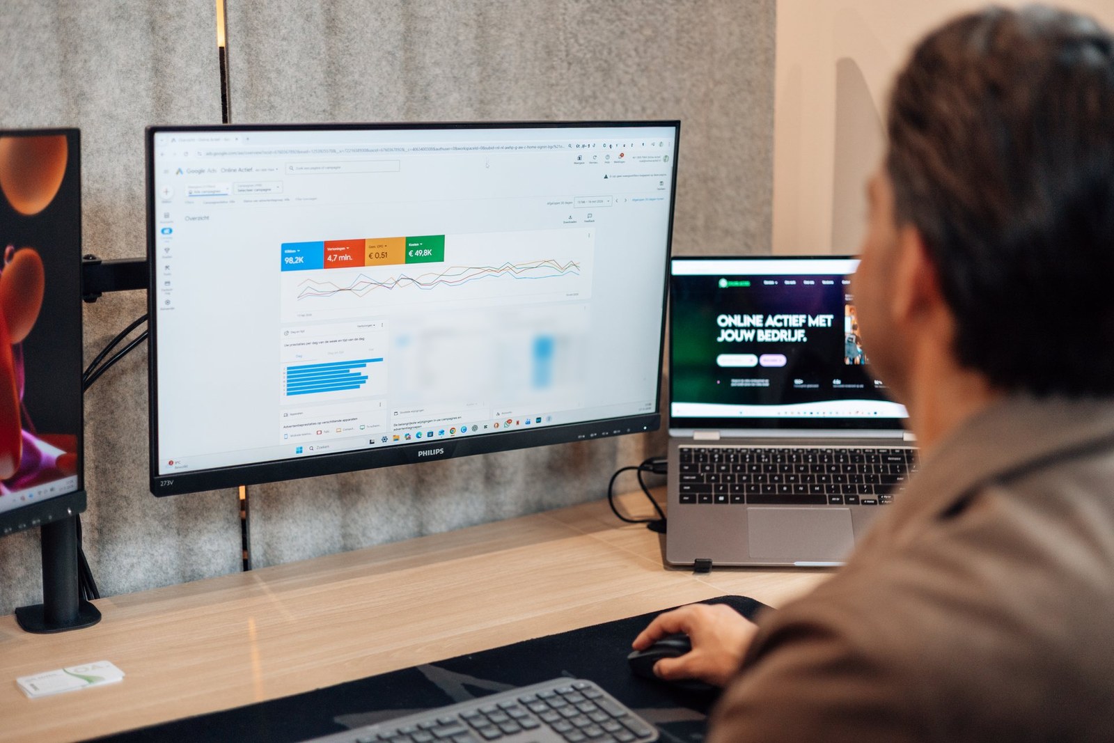 Medewerker bekijkt een Google Ads-dashboard met statistieken op een monitor, laptop met website ernaast