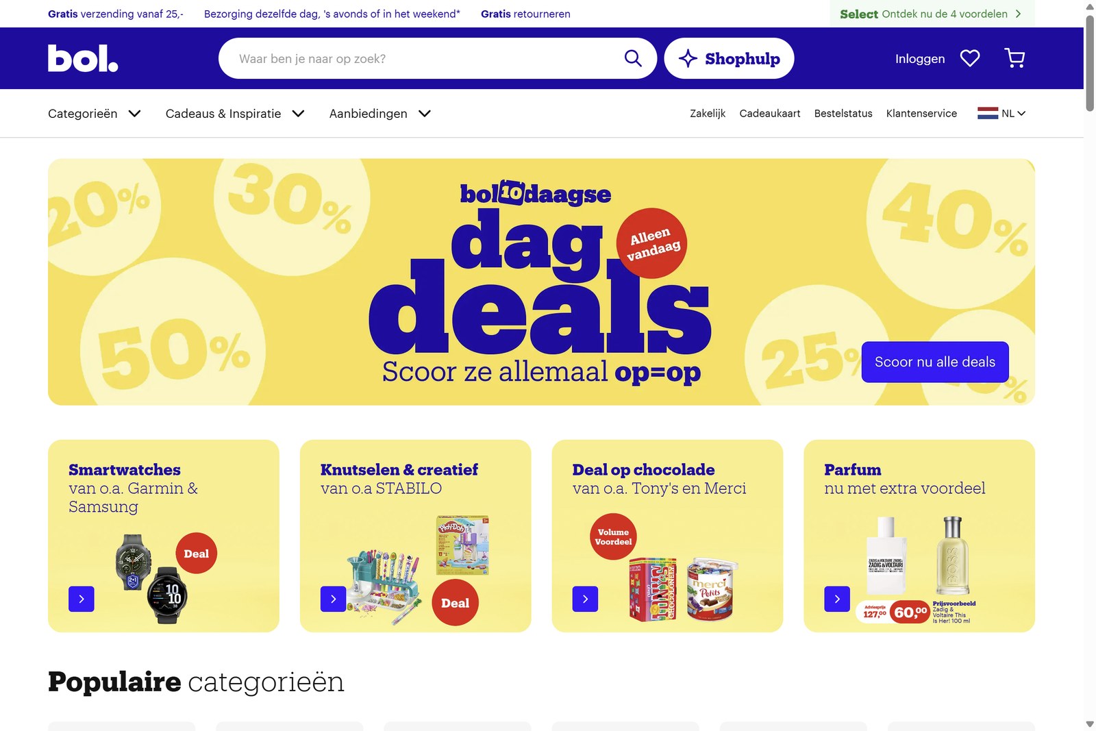 De homepage van bol.com met de zoekbalk en de aanbiedingen van vandaag