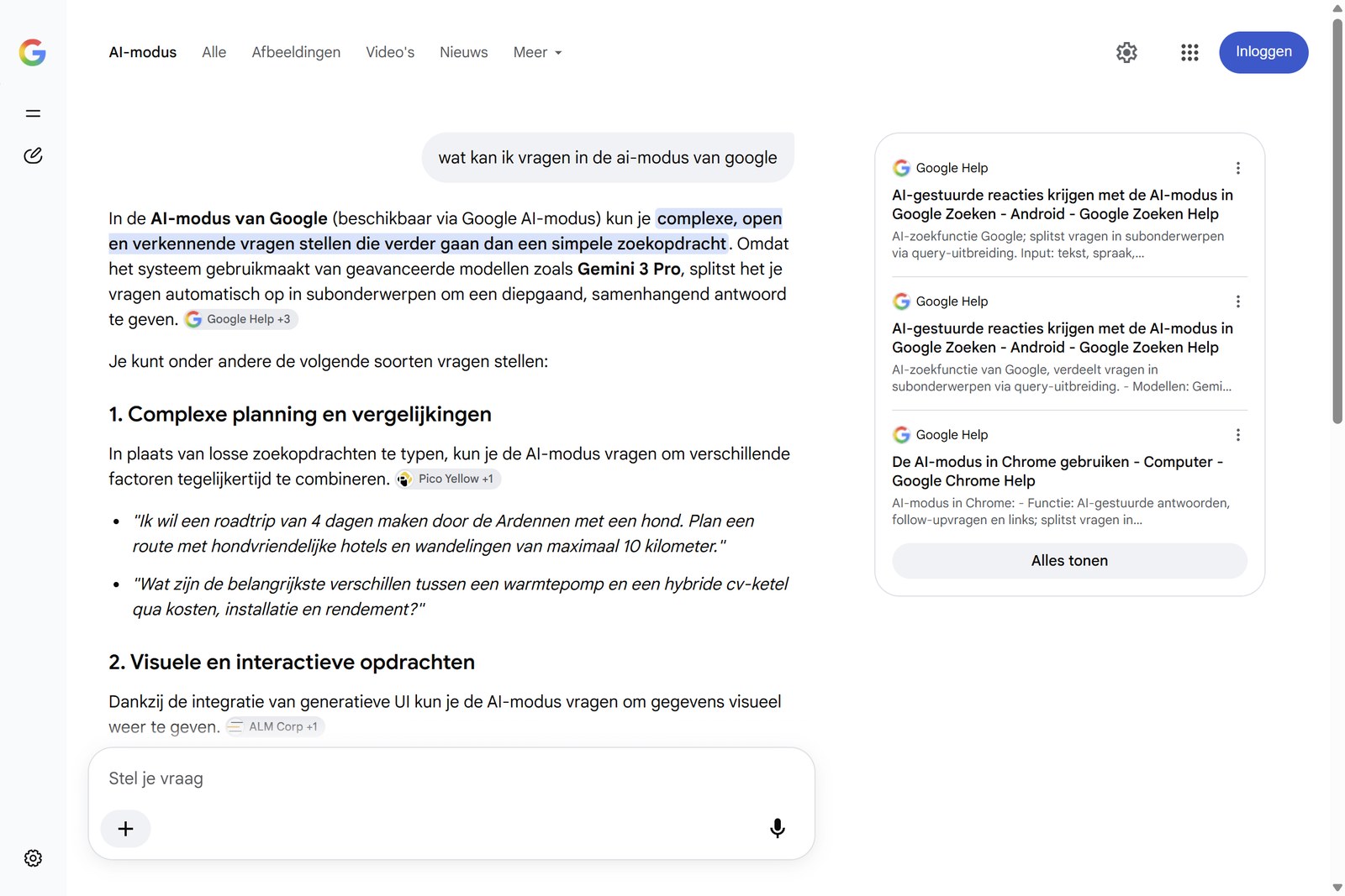 De AI-modus van Google beantwoordt een vraag, met de gebruikte bronnen ernaast