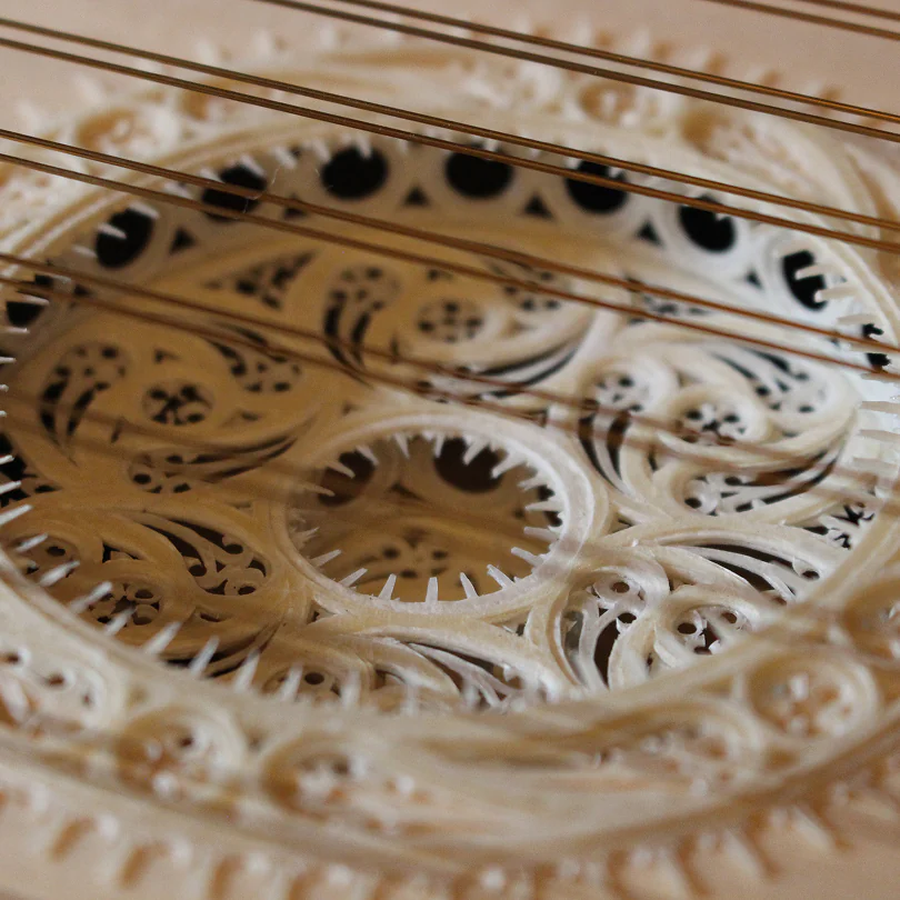 Close-up of carved circular rosette and strings on a wooden acoustic instrument.