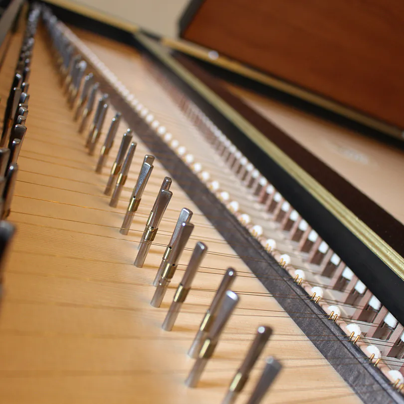 Close-up of tuning pins and strings inside a wooden hammered dulcimer instrument.