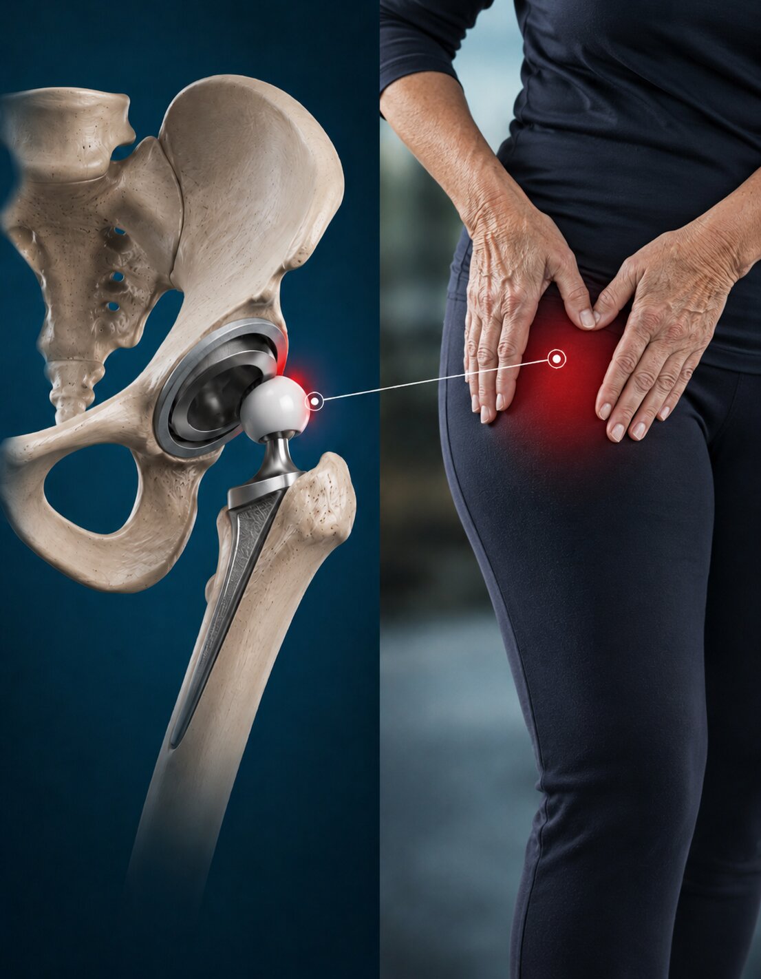 an image of skeletal hip joint with an arrow showing where the pain is on the image next to it of a women in sportswear holding her red hip.