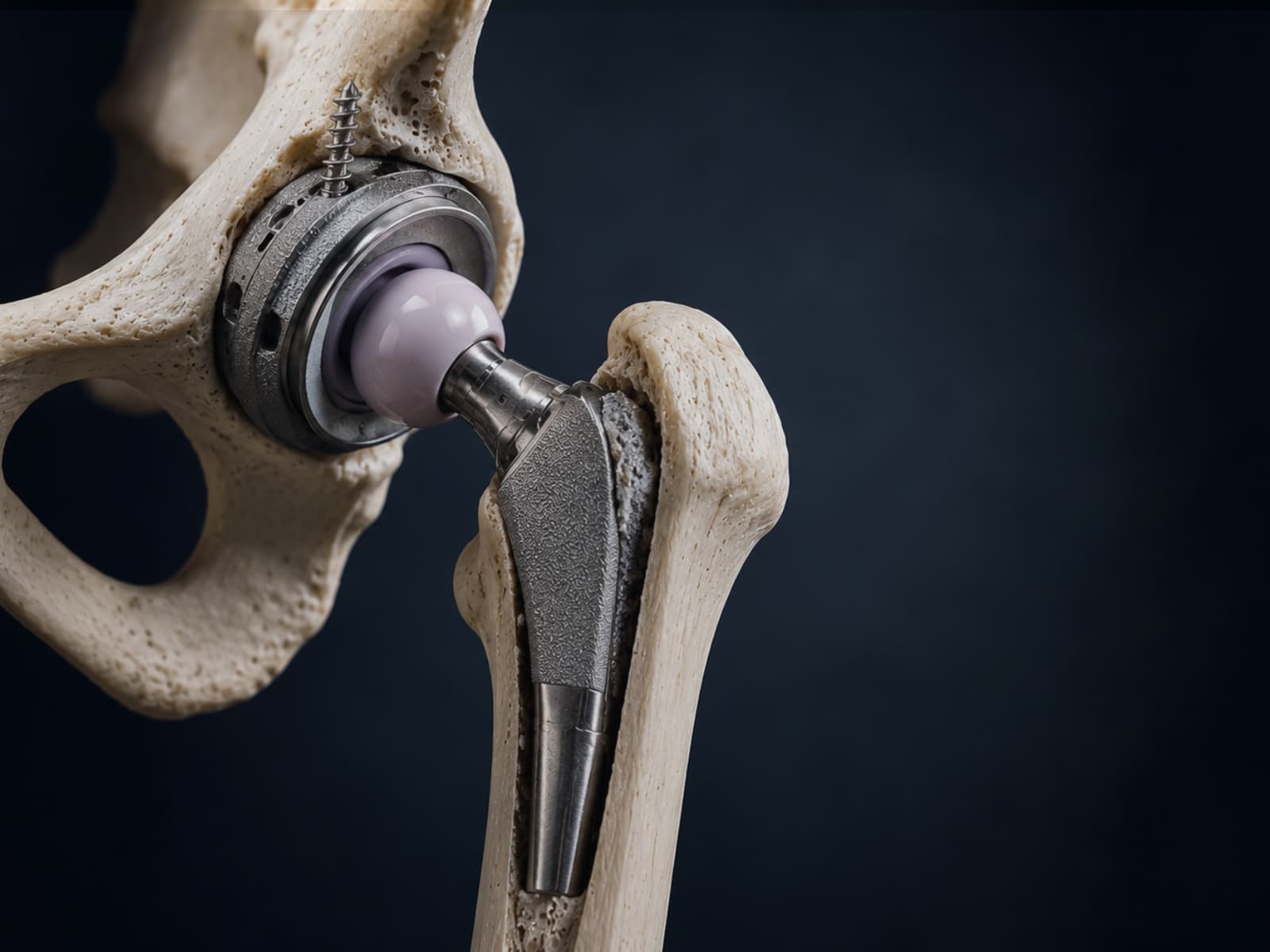 Close-up of a hip joint prosthesis installed in a pelvic and femur bone model.