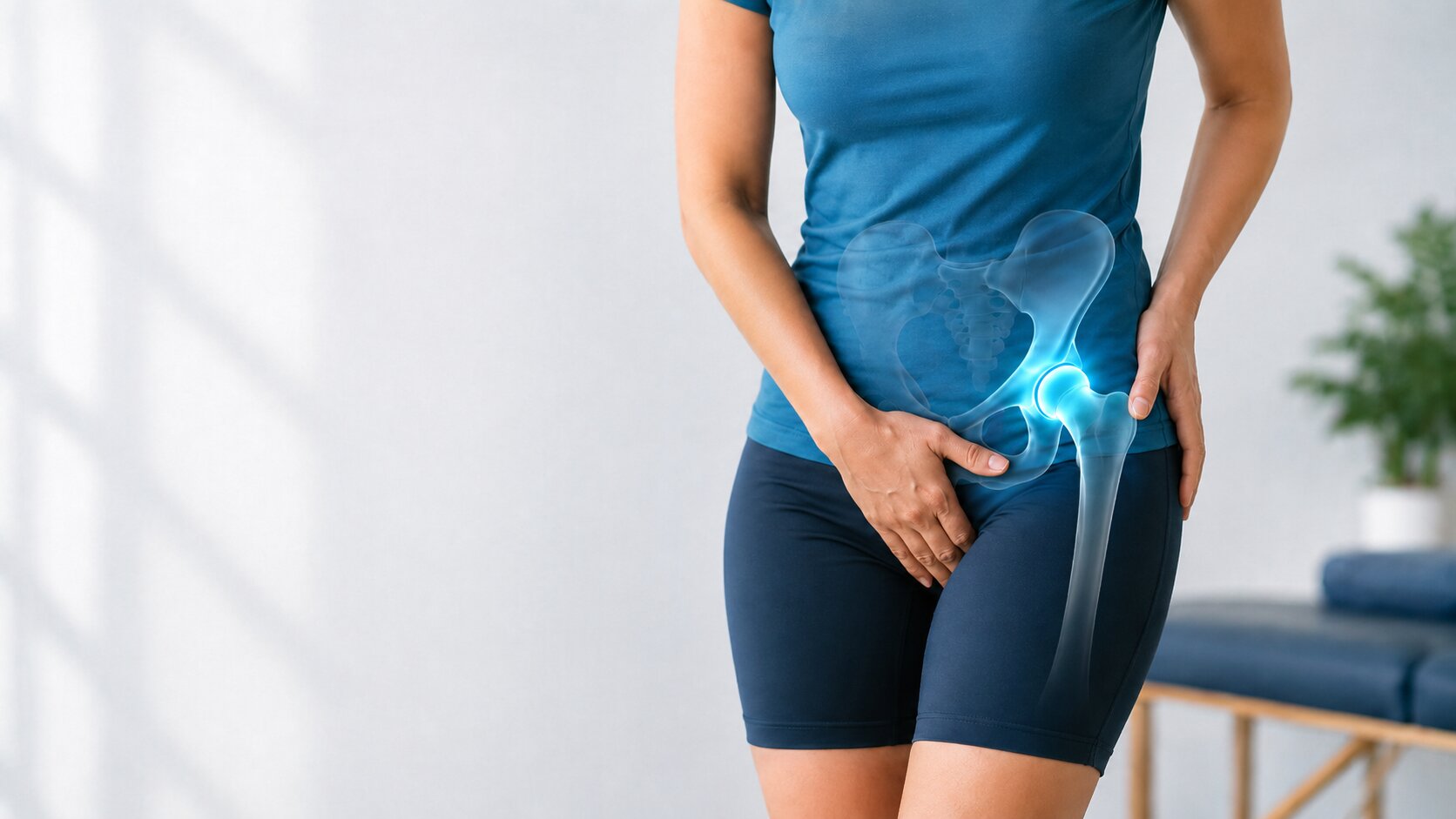woman holding her groin in pain with an overlay of a hip joint skeleton visible