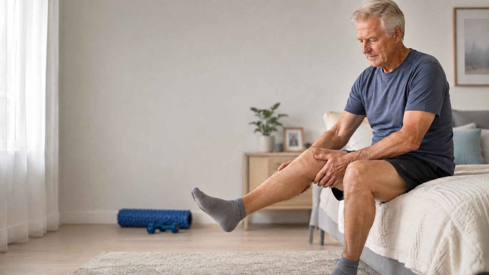 Man in his bedroom sitting on the edge of his bed holding his knee and extending his leg
