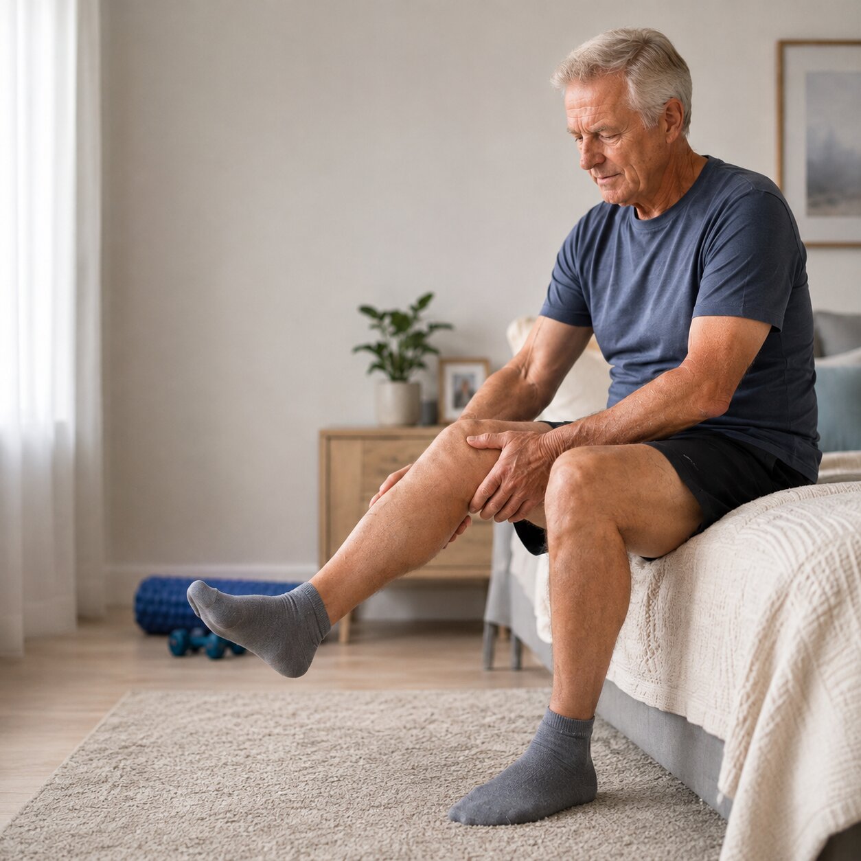 a man sitting on the edge of his bed extending his knee as if to excercise it