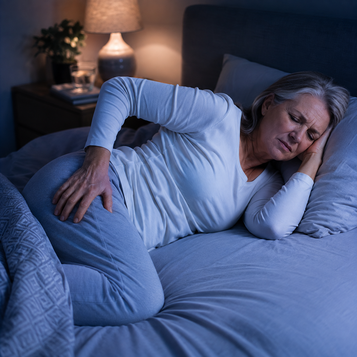 a woman lying in bed at night time on her side holding her hip
