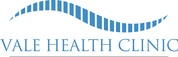 Vale Health Clinic logo with stylized wave and text in blue and gray.