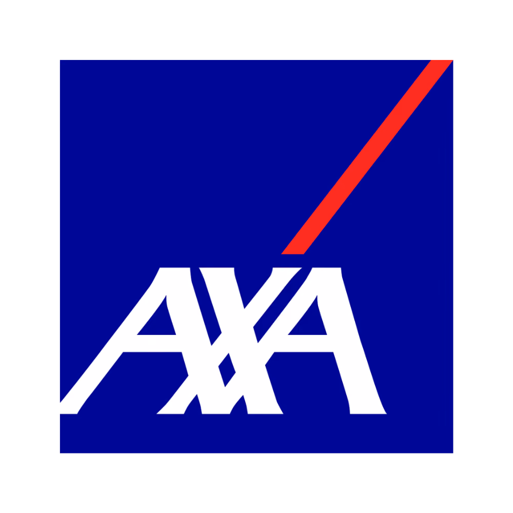 White AXA letters with a red diagonal slash on a dark blue square background.
