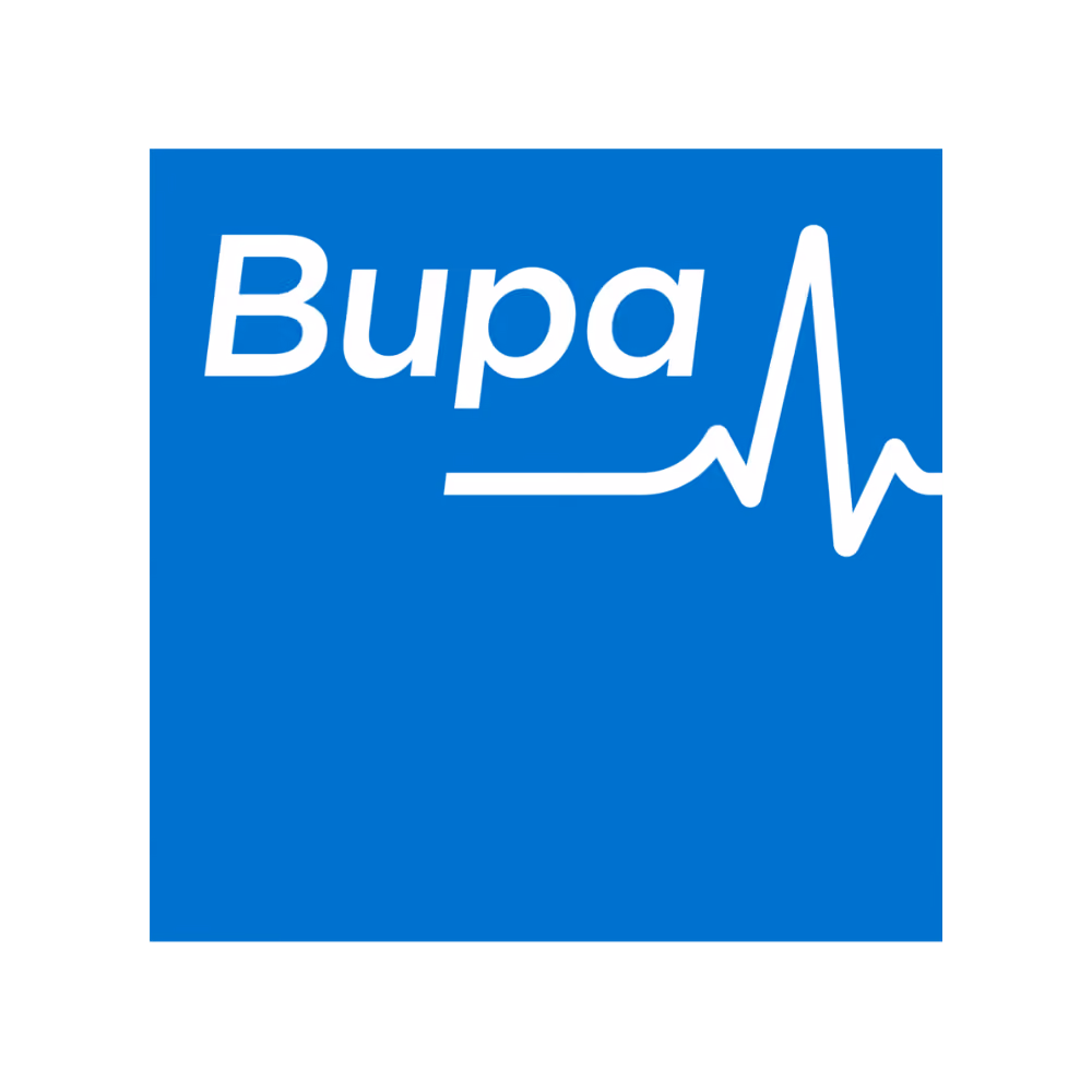 Bupa logo with white text and a heartbeat line on a blue square background.