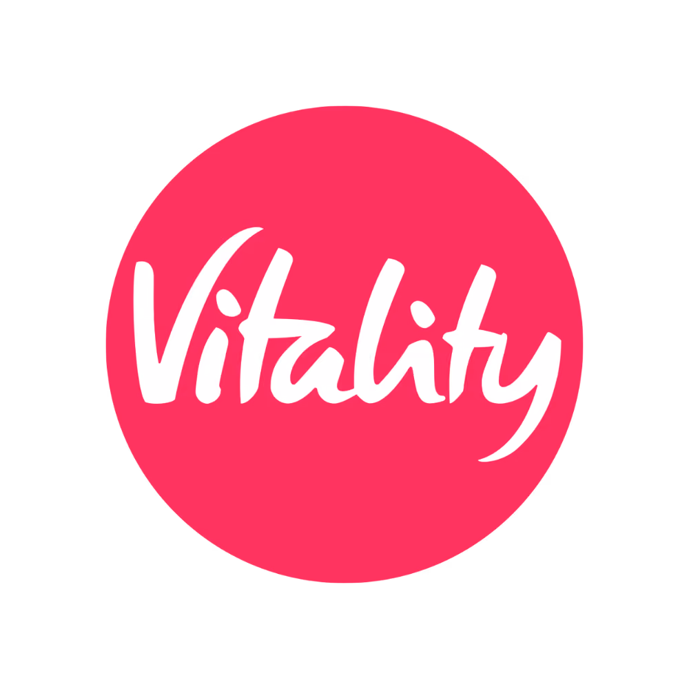 Vitality logo with white text on a bright pink circular background.