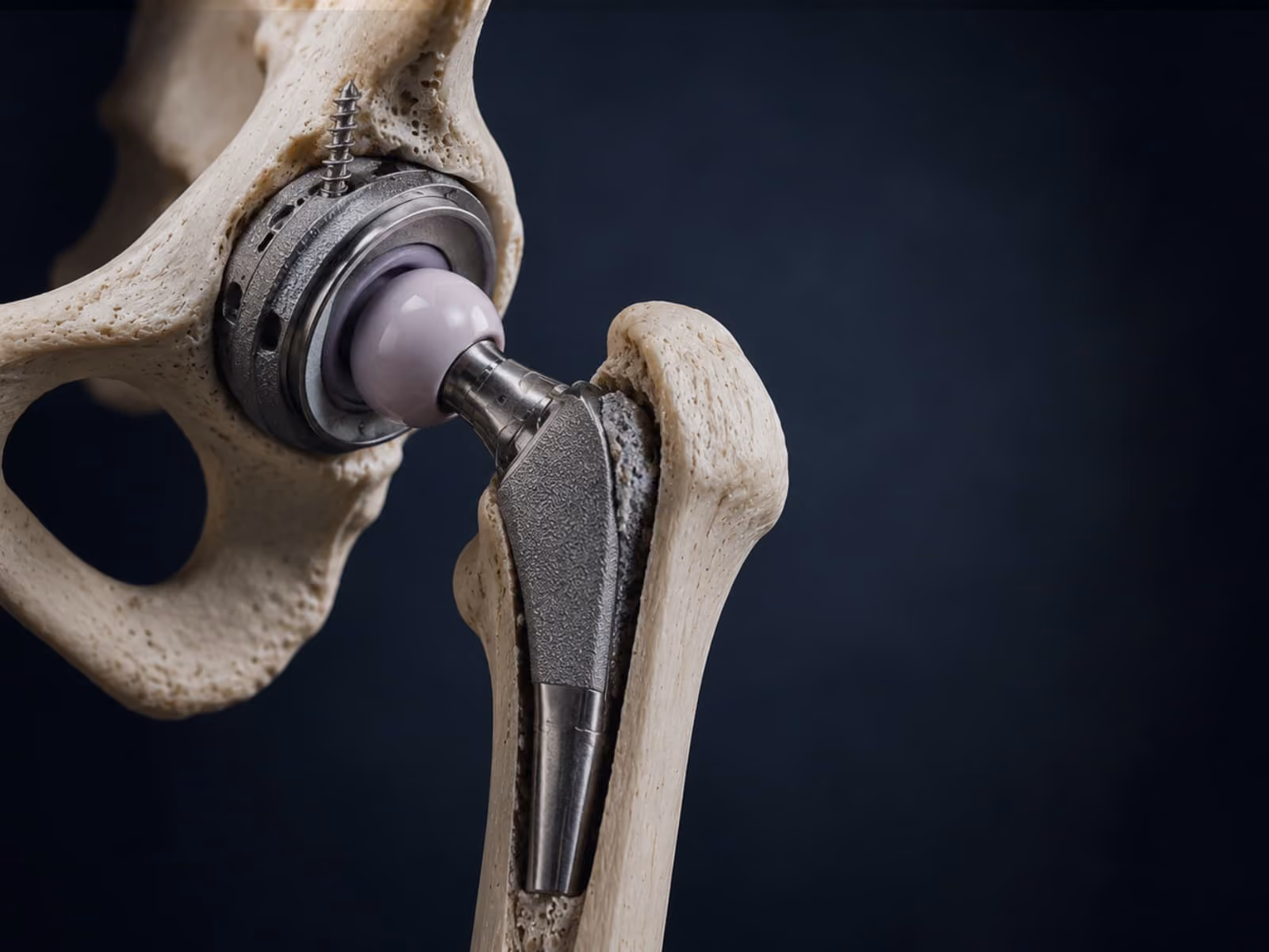 Close-up of a hip joint prosthesis installed in a pelvic and femur bone model.