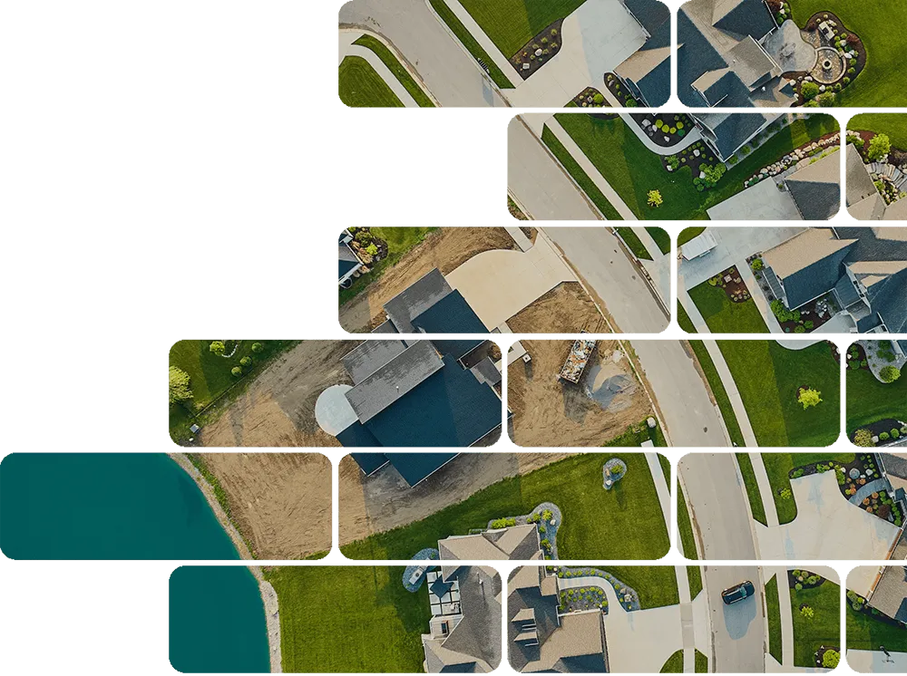Collage of tiled aerial photos showing a suburban neighborhood under construction, with finished homes, green lawns, and a lake alongside houses being built on dirt lots.