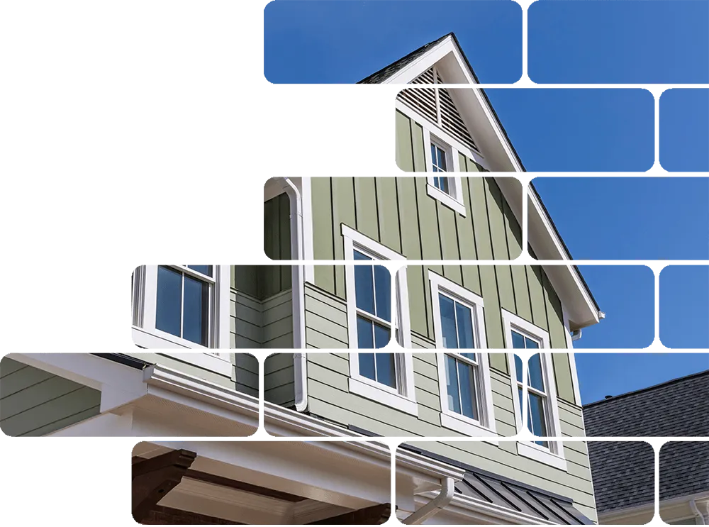 Collage of tiled close-up photos of a green two-story house with white trim, gabled roof, and windows.