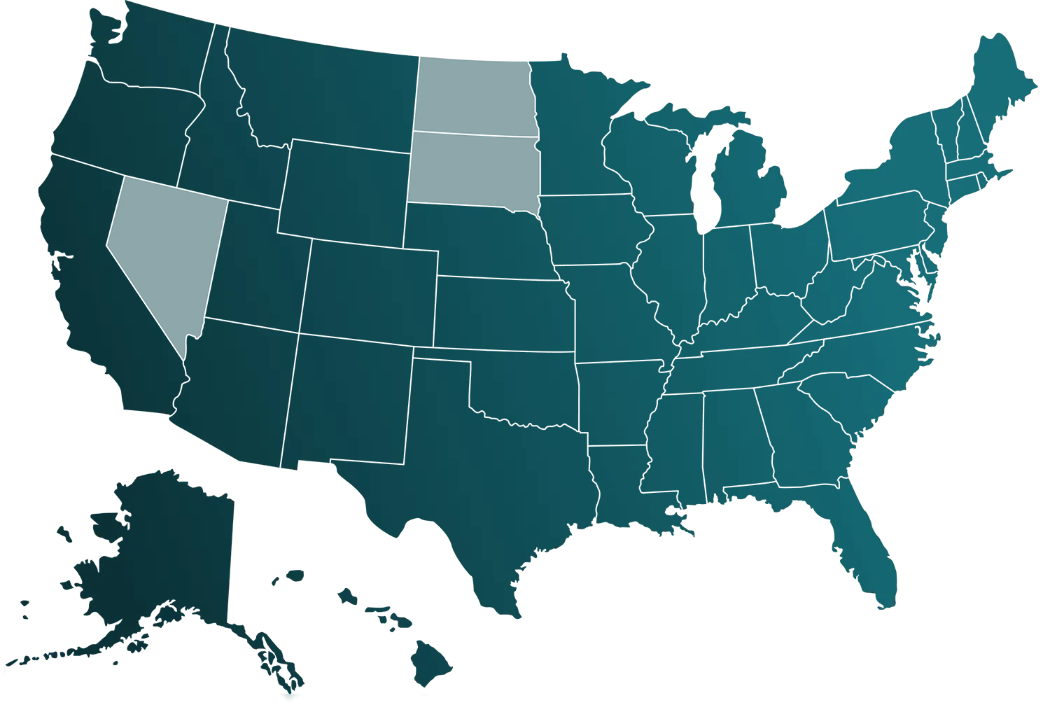 Map of the United States showing all 50 states outlined with dark teal color on a black background.