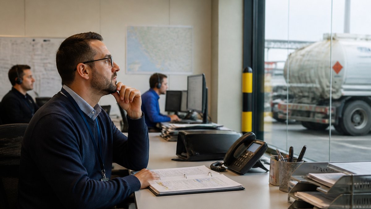 A logistics operations manager in a control room reviewing live delivery routes on multiple wall-mounted screens, with colleagues in the background on headsets