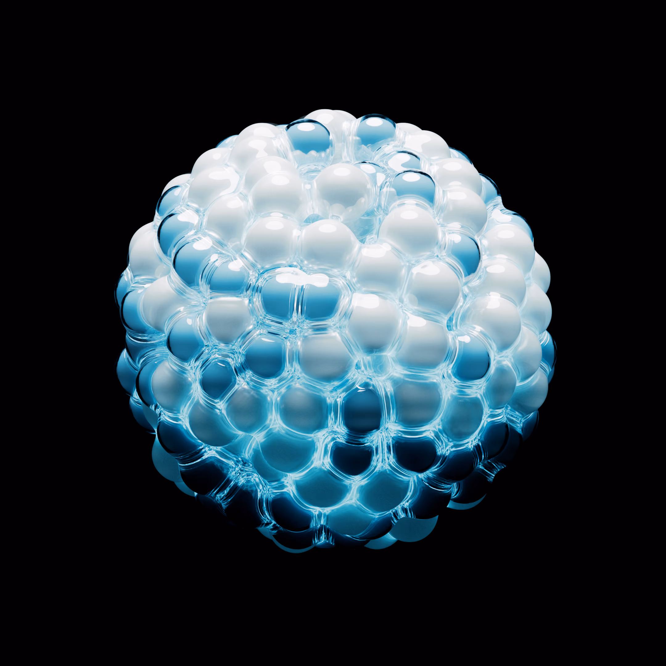 Cluster of translucent blue and white spheres forming a glowing geometric shape on a black background.