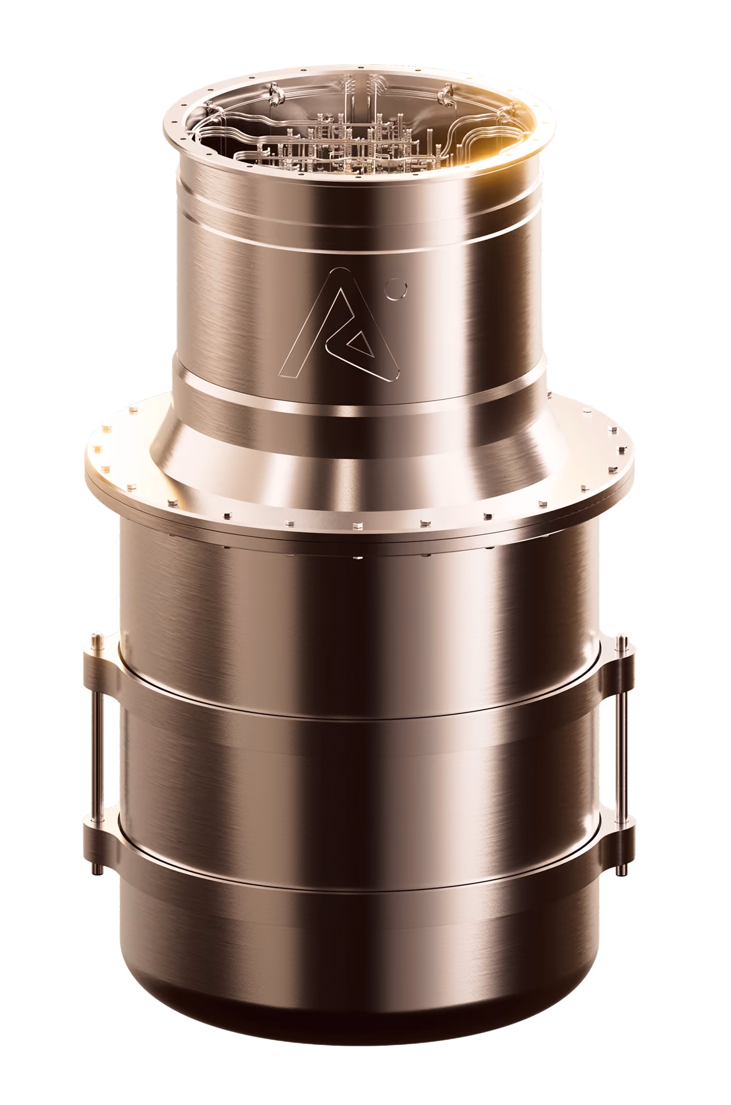 Metallic cylindrical device with complex circuits visible on top and engraved triangle logo on the side.